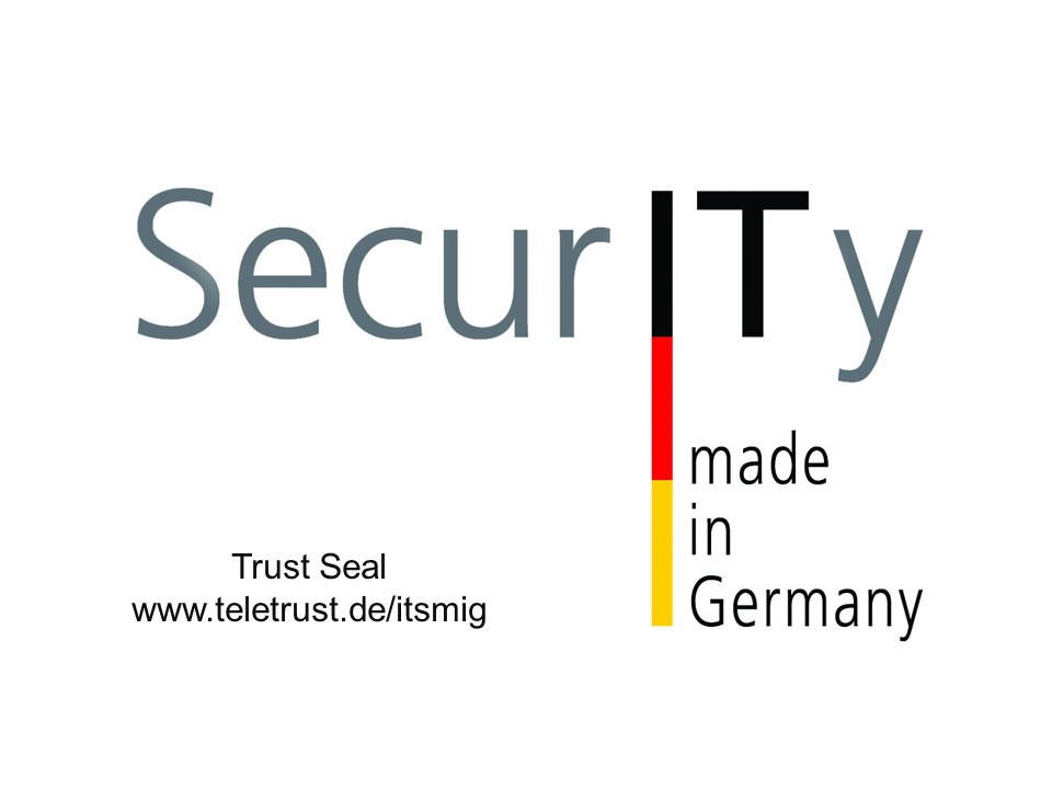 Logo mit dem Wort „Security“, wobei „IT“ fett und stilisiert in Schwarz, Rot und Gelb dargestellt ist. Der Text lautet: „made in Germany“ und „Trust Seal www.teletrust.de/itsmig“.